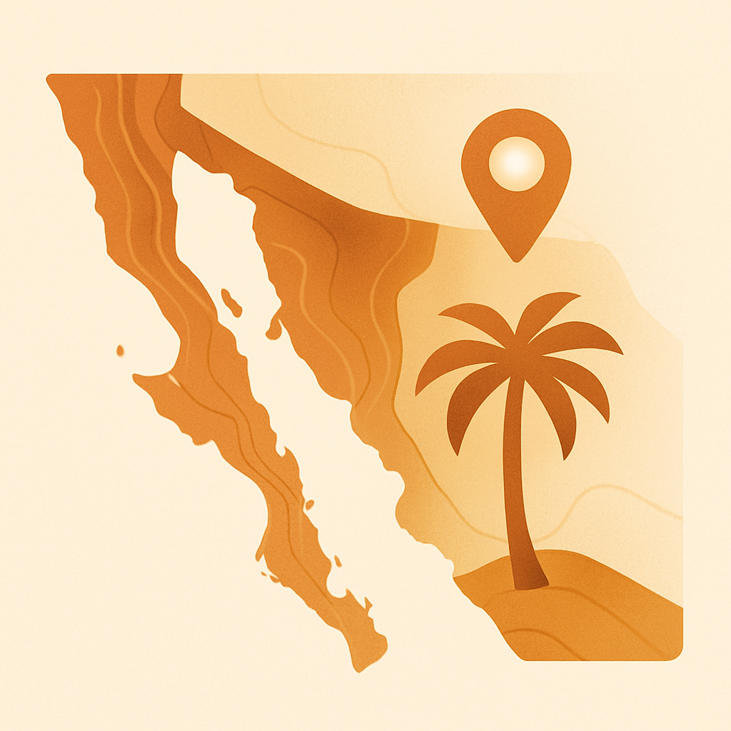 Ilustración del mapa de la región noroeste de México con palma de dátil